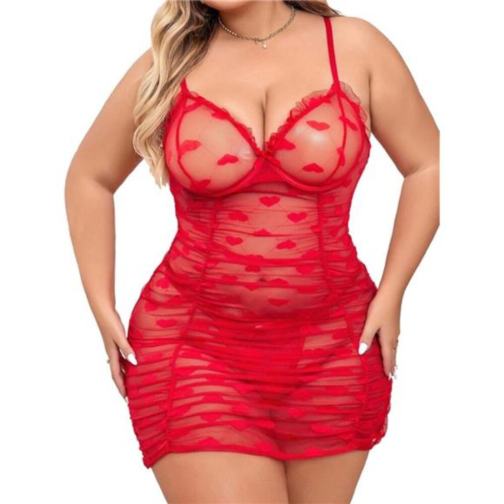 PLUS SIZES Sexy Sheer Heart Mesh Underwire Ruched Ruffle Babydoll
